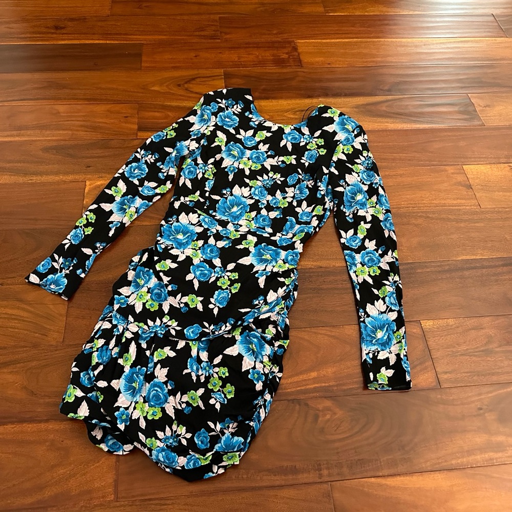 ZARA FLORAL BLACK & BLUE OPEN BACK LONG SLEEVE DRESS - Picture 3 of 6